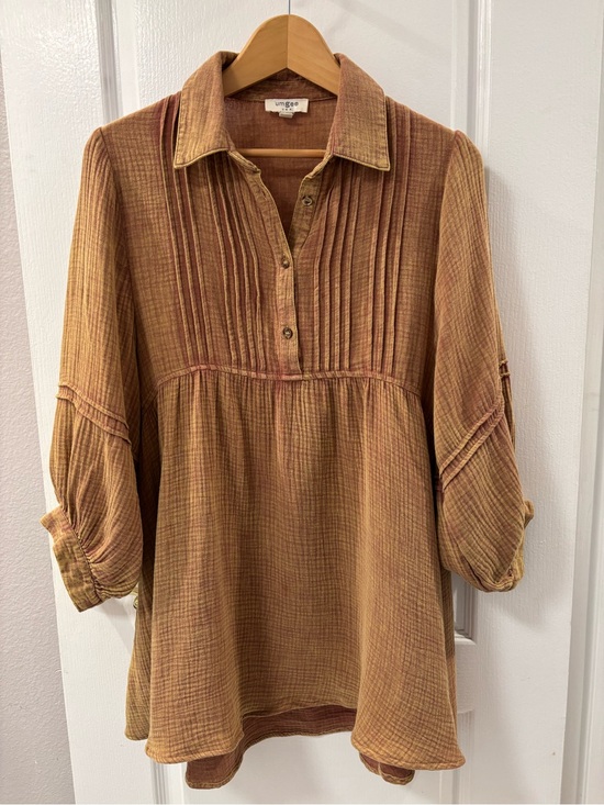 Umgee Tops - Umgee Mineral Wash Gauze Pintuck Brown Babydoll Tunic  size S